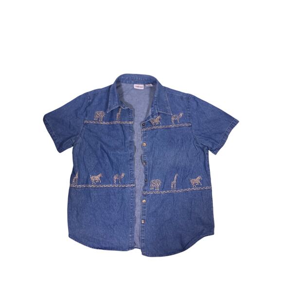 Cabin Creek Tops - Cabin Creek Denim Safari Shirt Women’s Large Embroidered Animals